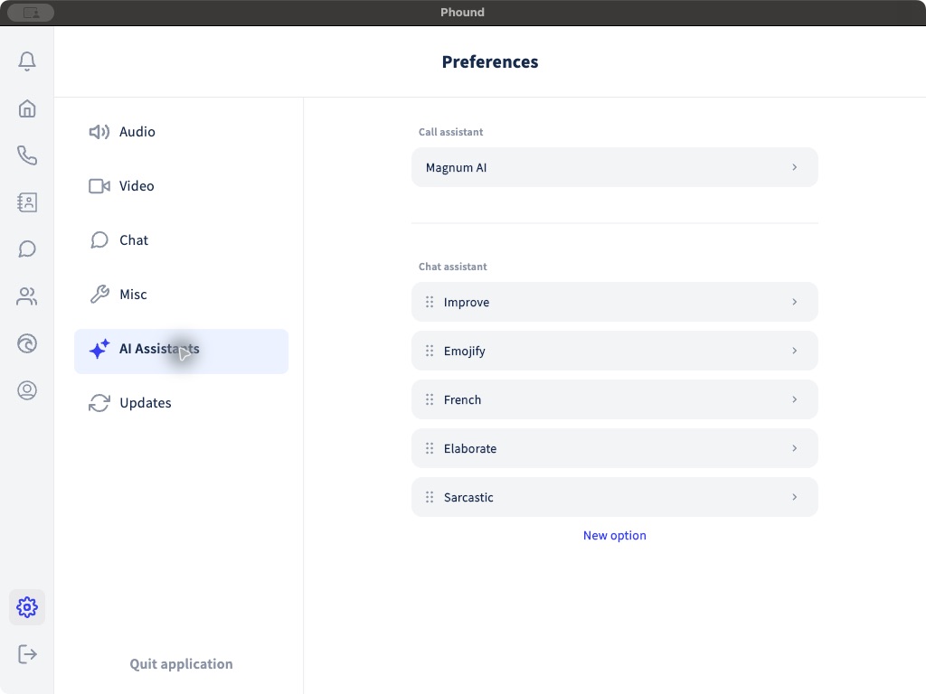 Magnum AI selected as the call assistant in Phound desktop preferences