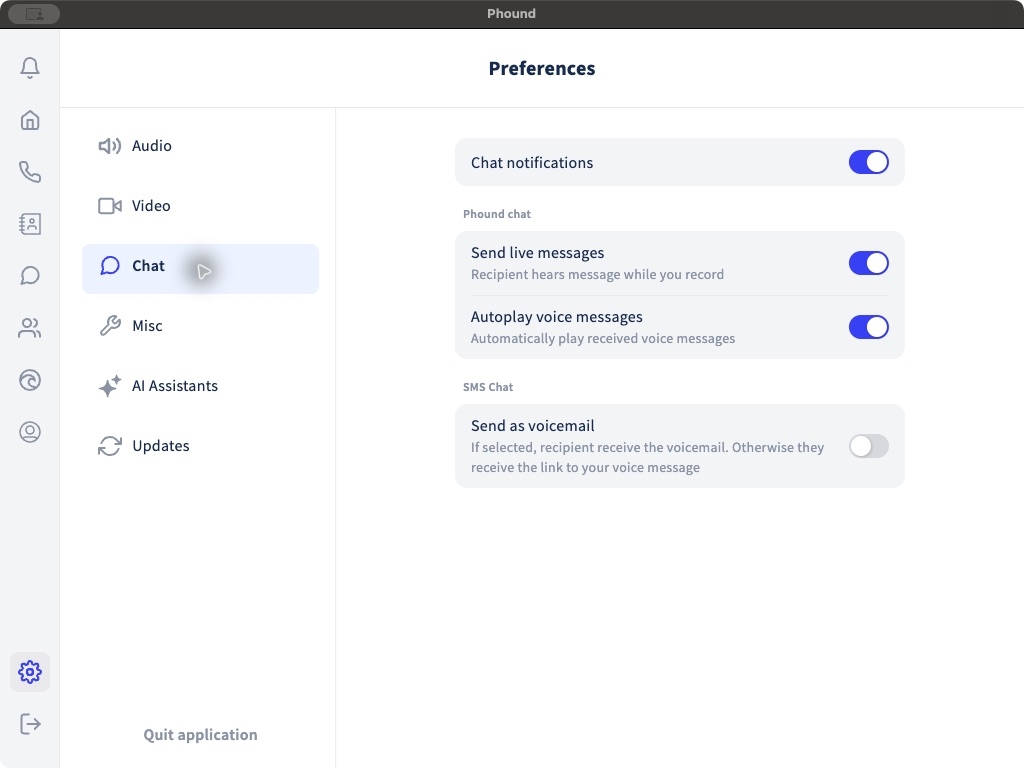 Chat and voice-message preferences in the Phound desktop app