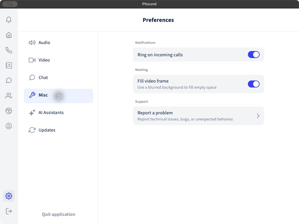 Incoming-call, meeting, and support controls under Misc preferences