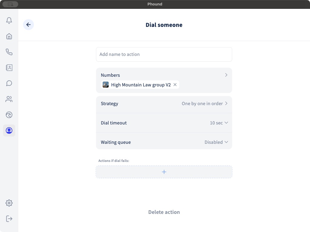 Dial someone settings in the Phound desktop Flow builder