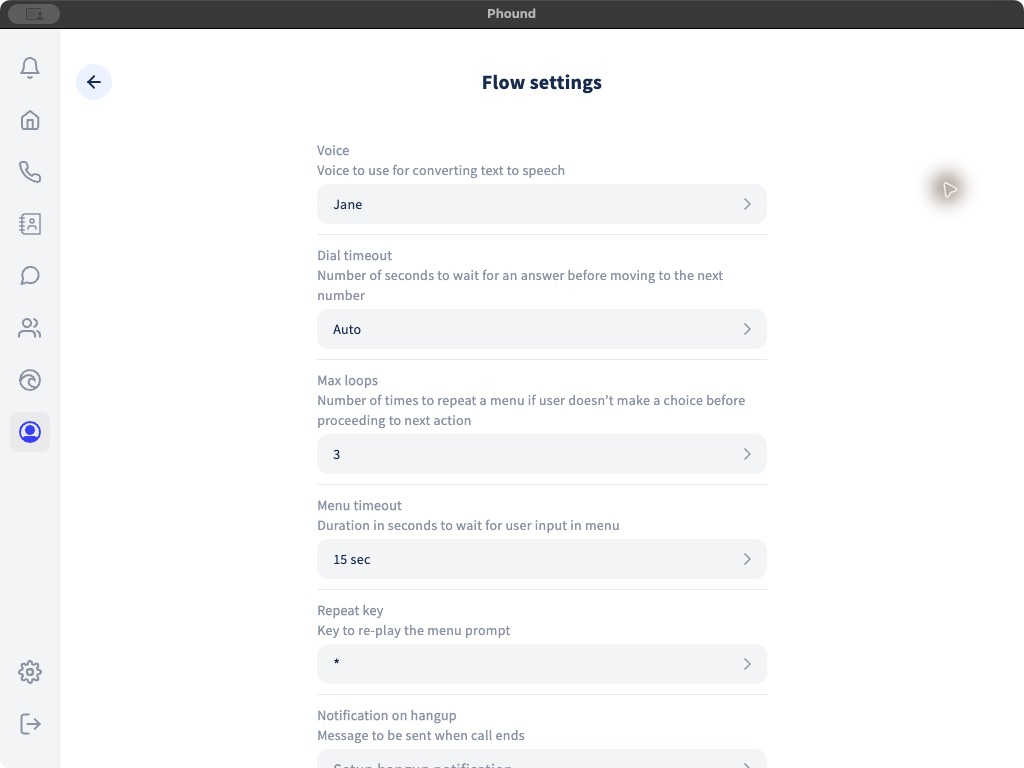 The first group of Flow settings in the Phound desktop app