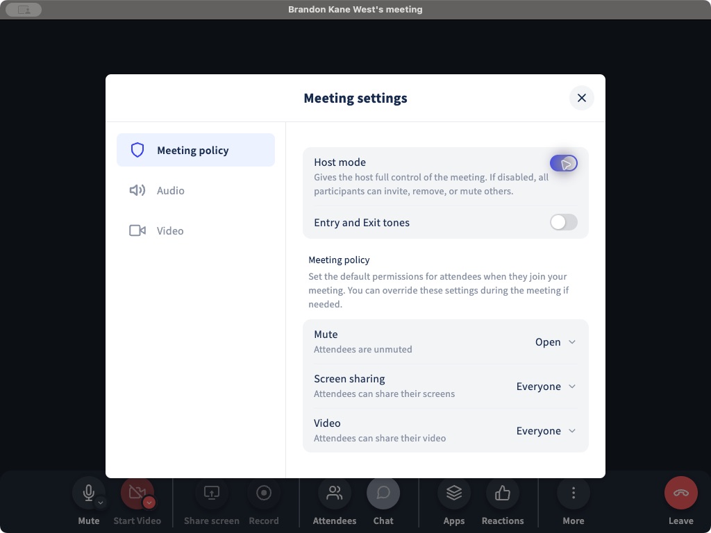 Host mode and meeting permissions in a live Phound meeting