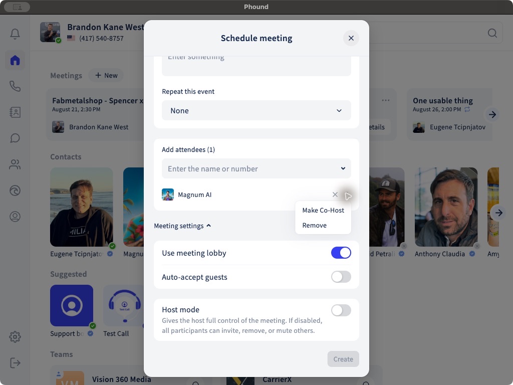 The attendee menu with Make Co-Host selected in a scheduled Phound meeting