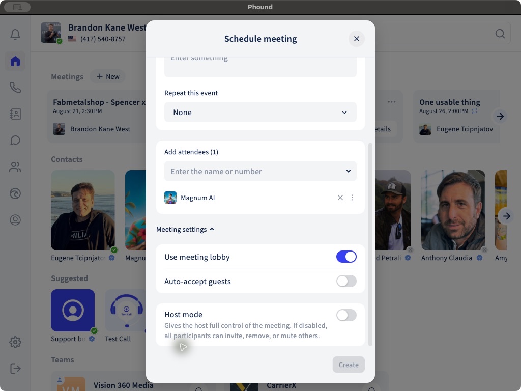 Meeting settings expanded while scheduling a meeting in Phound