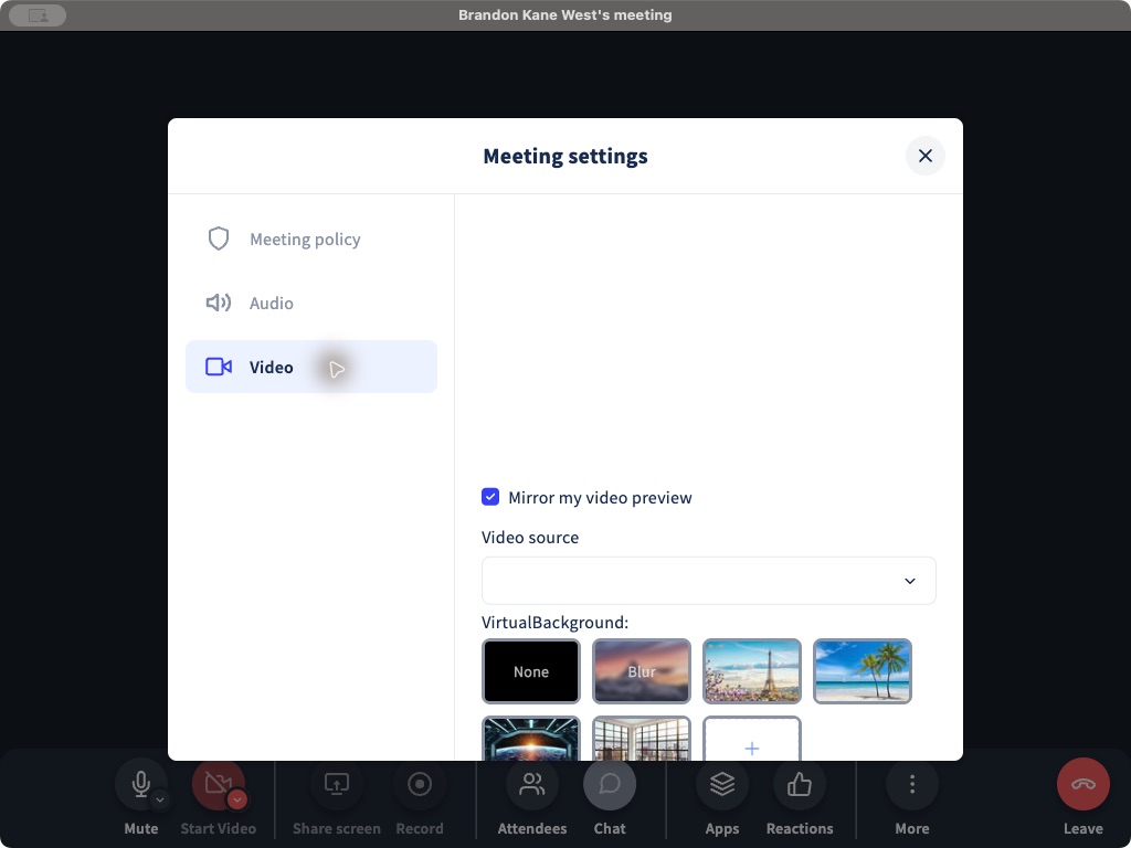 Video source and virtual background controls in Phound