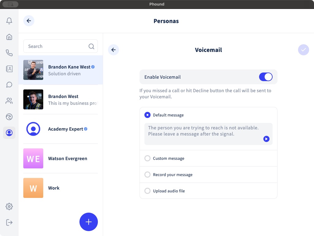 Persona voicemail settings in the Phound desktop app