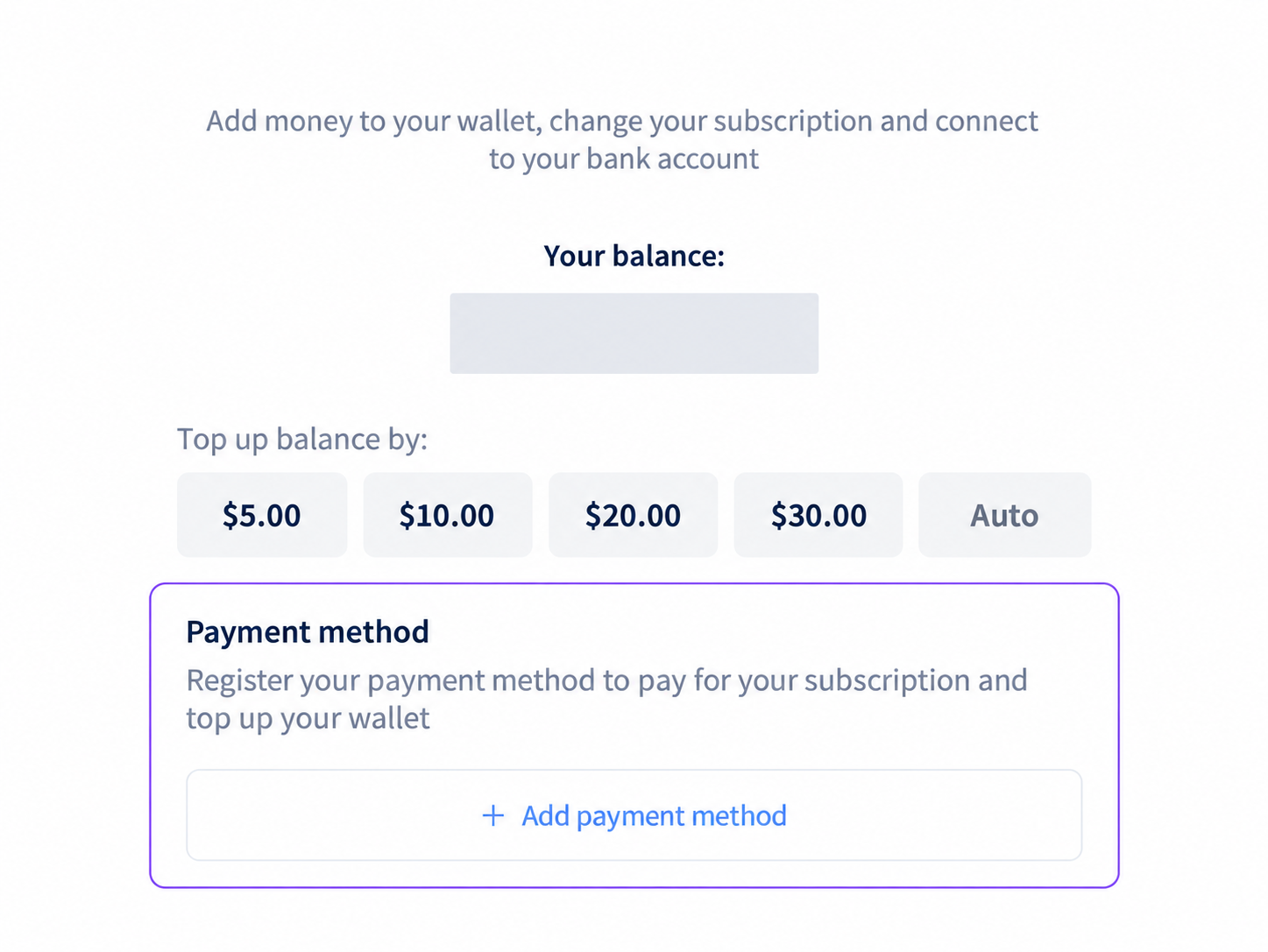 Edited detail of Wallet with Payment method and Add payment method highlighted and the private balance obscured