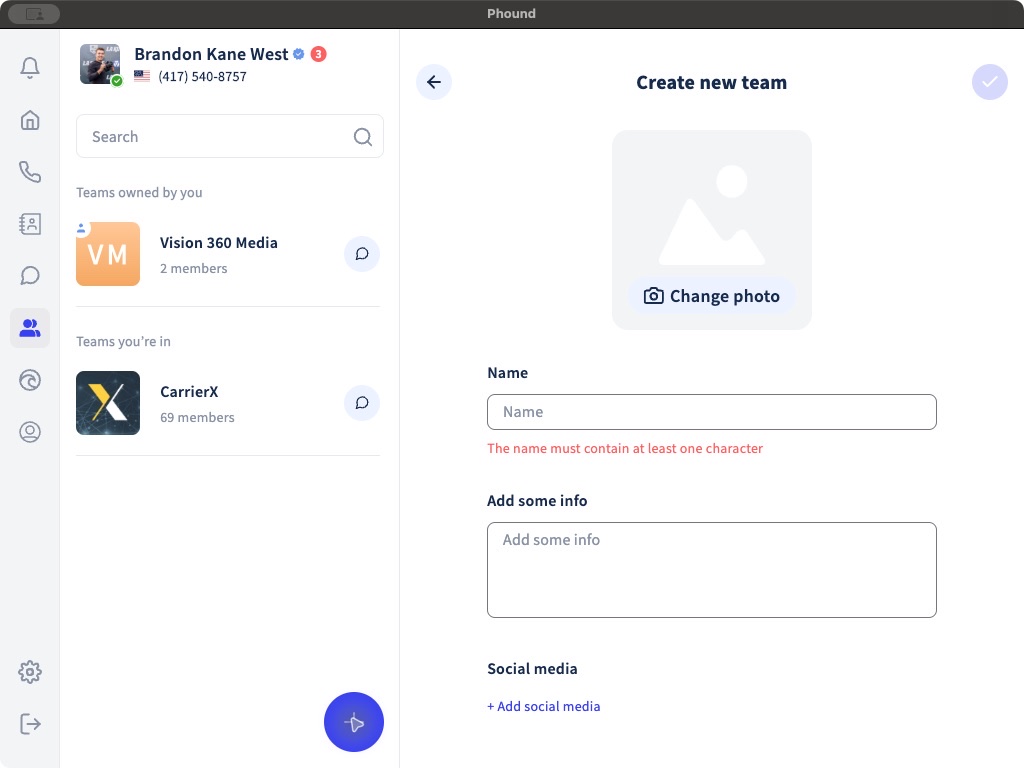 The Create new team screen in the Phound desktop app