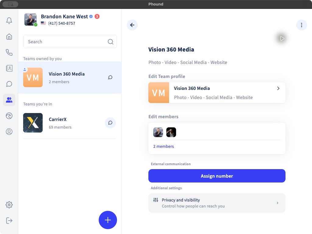 The Manage team screen with profile, members, number, and privacy options