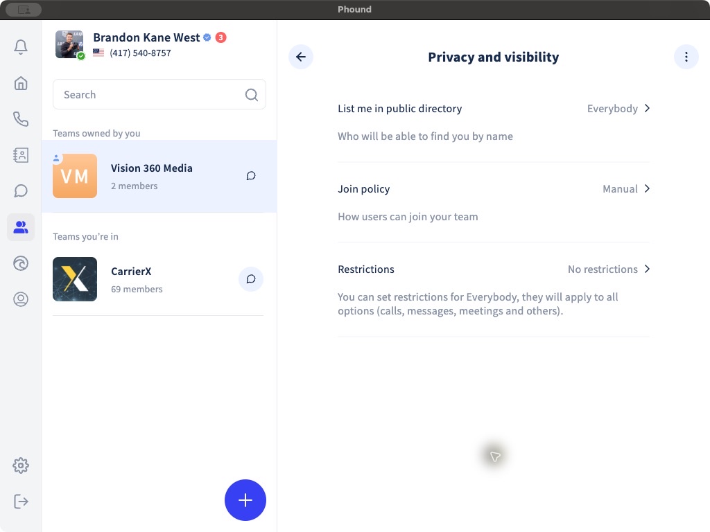 The Team Privacy and visibility screen in Phound