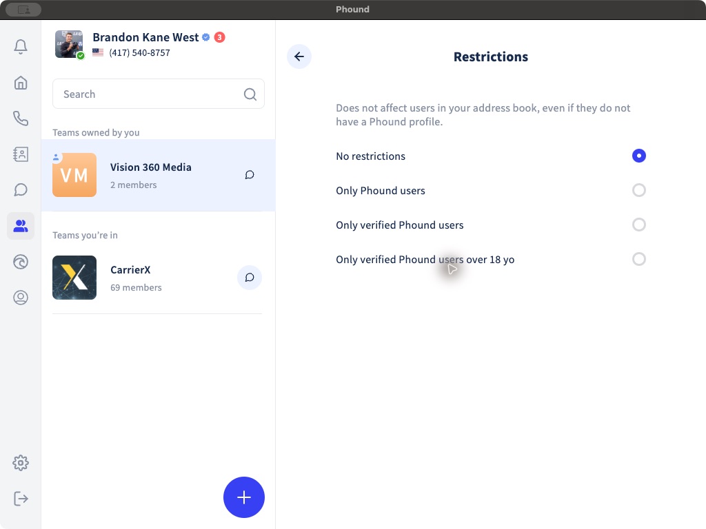 Team communication restriction options in Phound