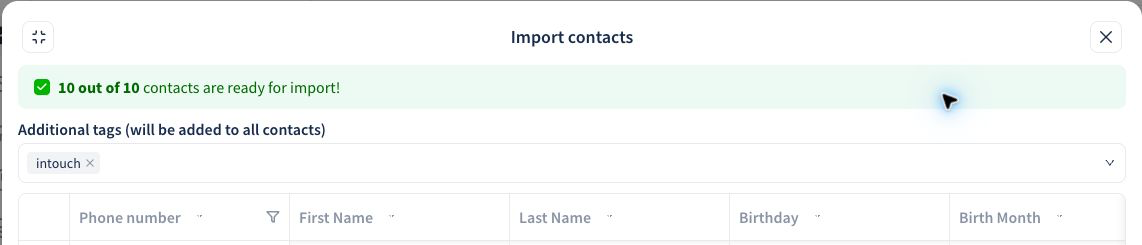 Click or tap to enlarge The top of the InTouch customer import review with mapping controls and an additional tag