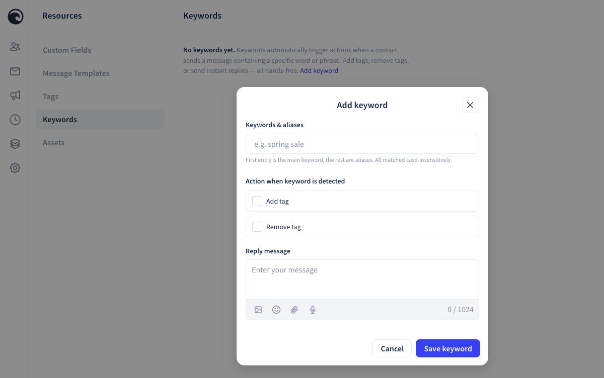 The Add keyword window in Phound Wave