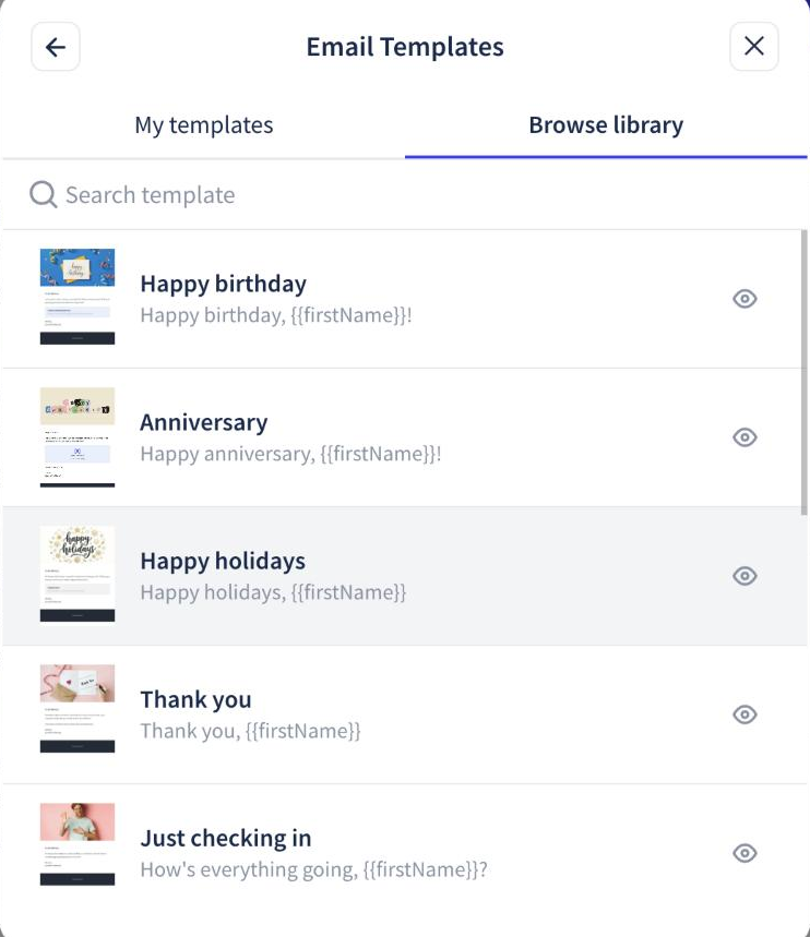 Click or tap to enlarge Email Templates with Browse library selected, a search box, named designs, subject lines, and eye preview controls
