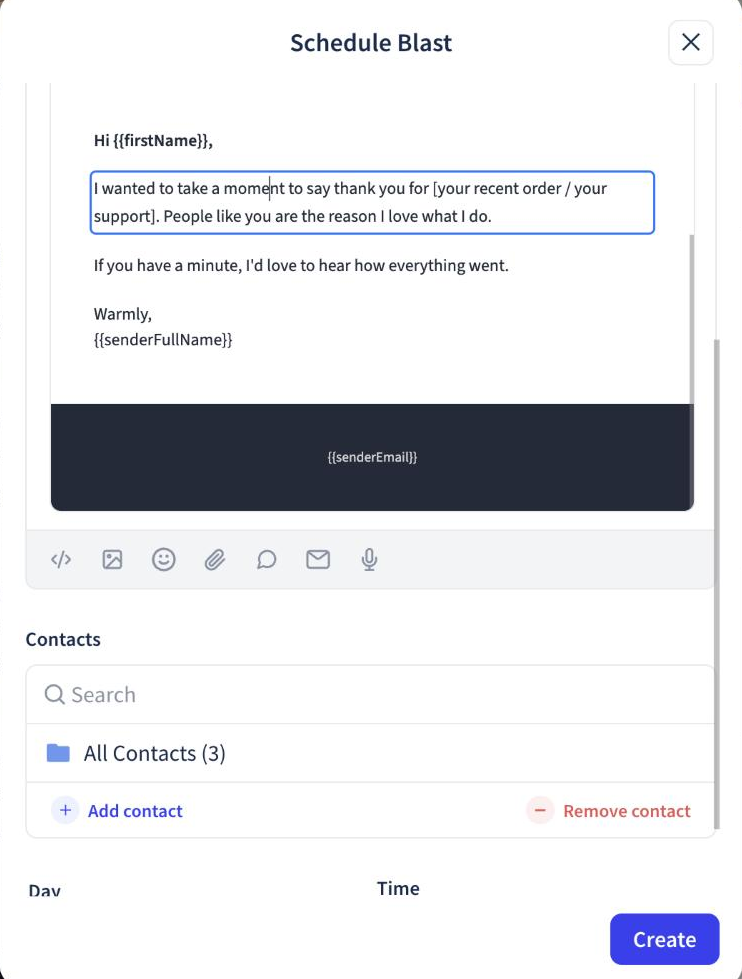 Click or tap to enlarge An email inside Schedule Blast with a paragraph selected for editing and the surrounding message, audience, and schedule controls