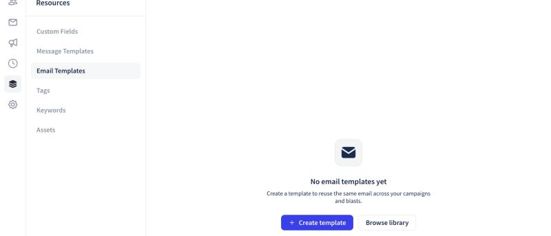 Wave Resources navigation with Email Templates selected and Create template and Browse library visible
