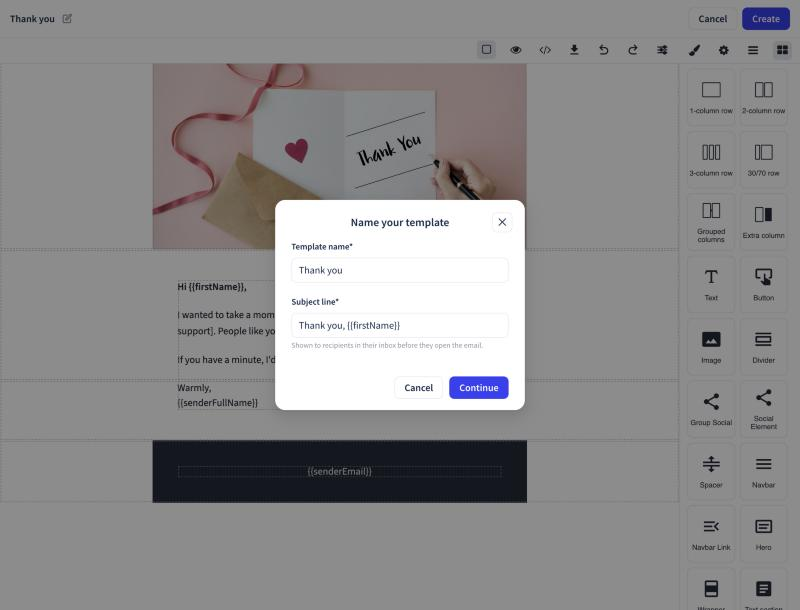 Name your template over the email editor, with Template name, Subject line, Cancel, and Continue