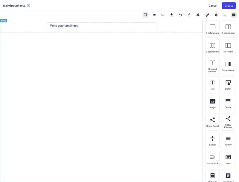 The complete Wave email editor with the canvas, top toolbar, Cancel and Create, and the Blocks panel on the right