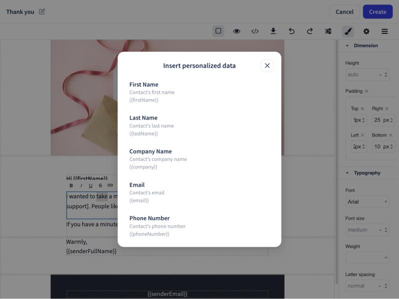 Insert personalized data in the email editor, showing recipient field names and their exact tags