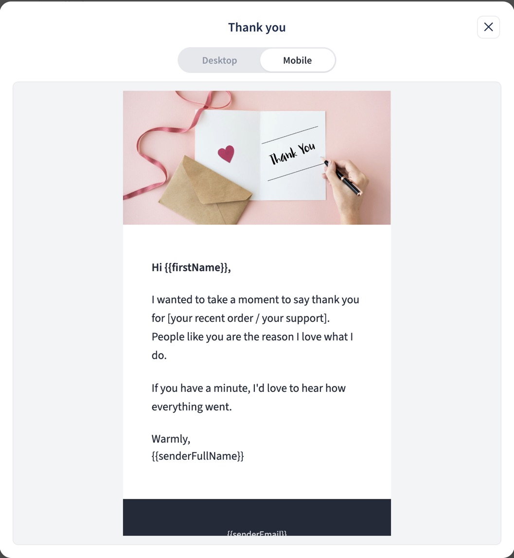 Thank you email preview with Mobile selected, the Desktop and Mobile toggle, and the complete greeting, message, sign-off, and footer layout