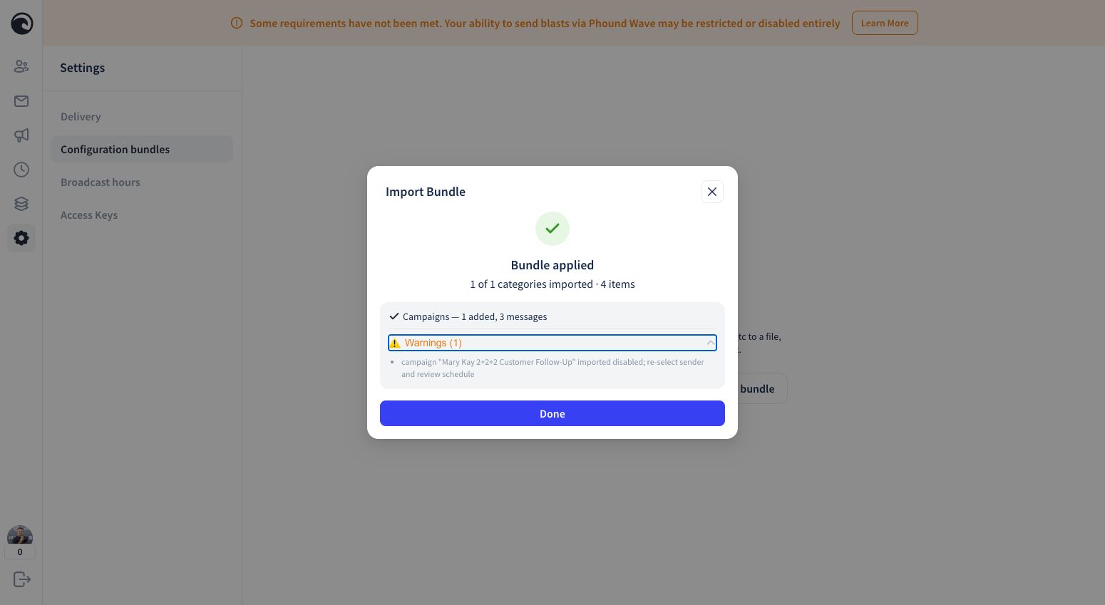 Phound Wave import result warning that the campaign is disabled and needs a sender and schedule review