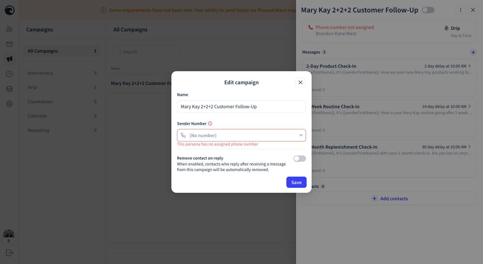 The campaign settings for selecting a sender and deciding whether a contact leaves the campaign after replying