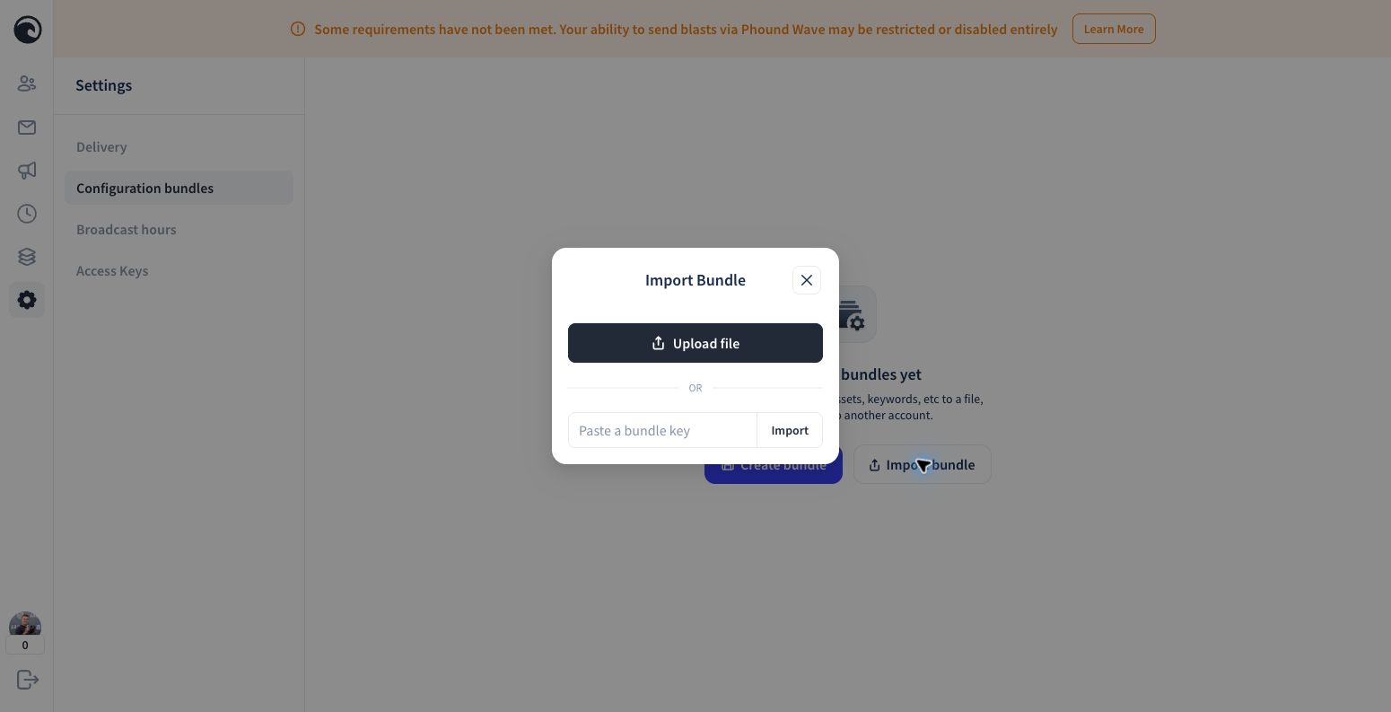 The Import Bundle window with a field for pasting a bundle key
